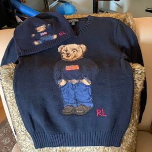 Ralph Louren teddybear sweater and beanie.